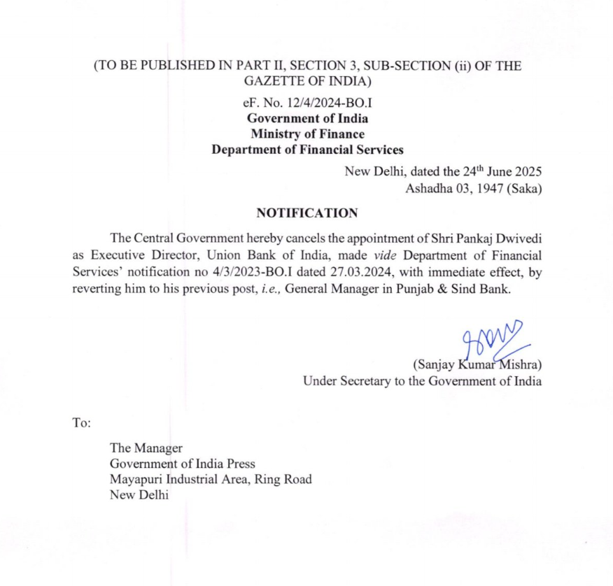 Govt cancels appointment of Pankaj Dwivedi as ED of Union Bank